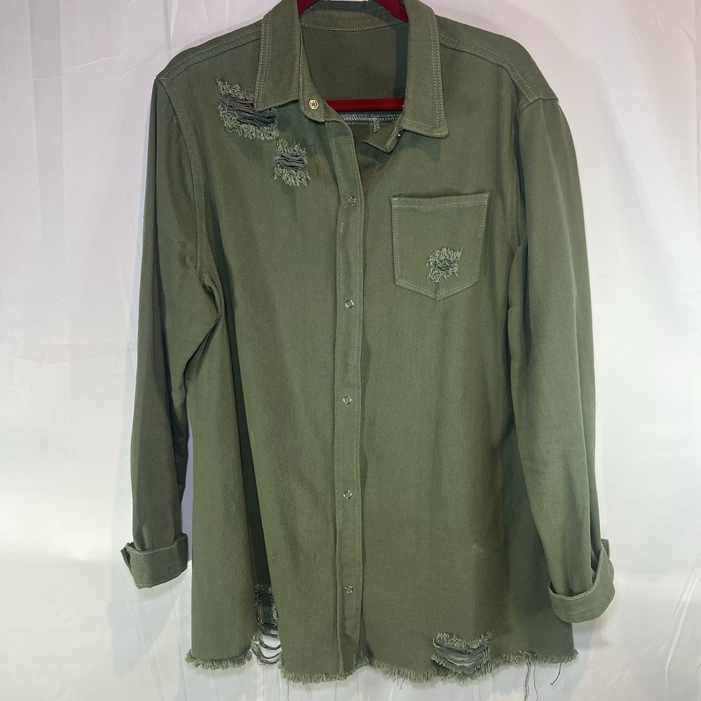 Women's 2XL Distressed Denim Shirt‎ Jacket Army Green Cargo Button Chic Denim